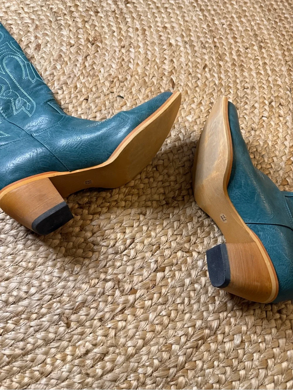 Teal Embroidered Knee-High Western Boots - Women